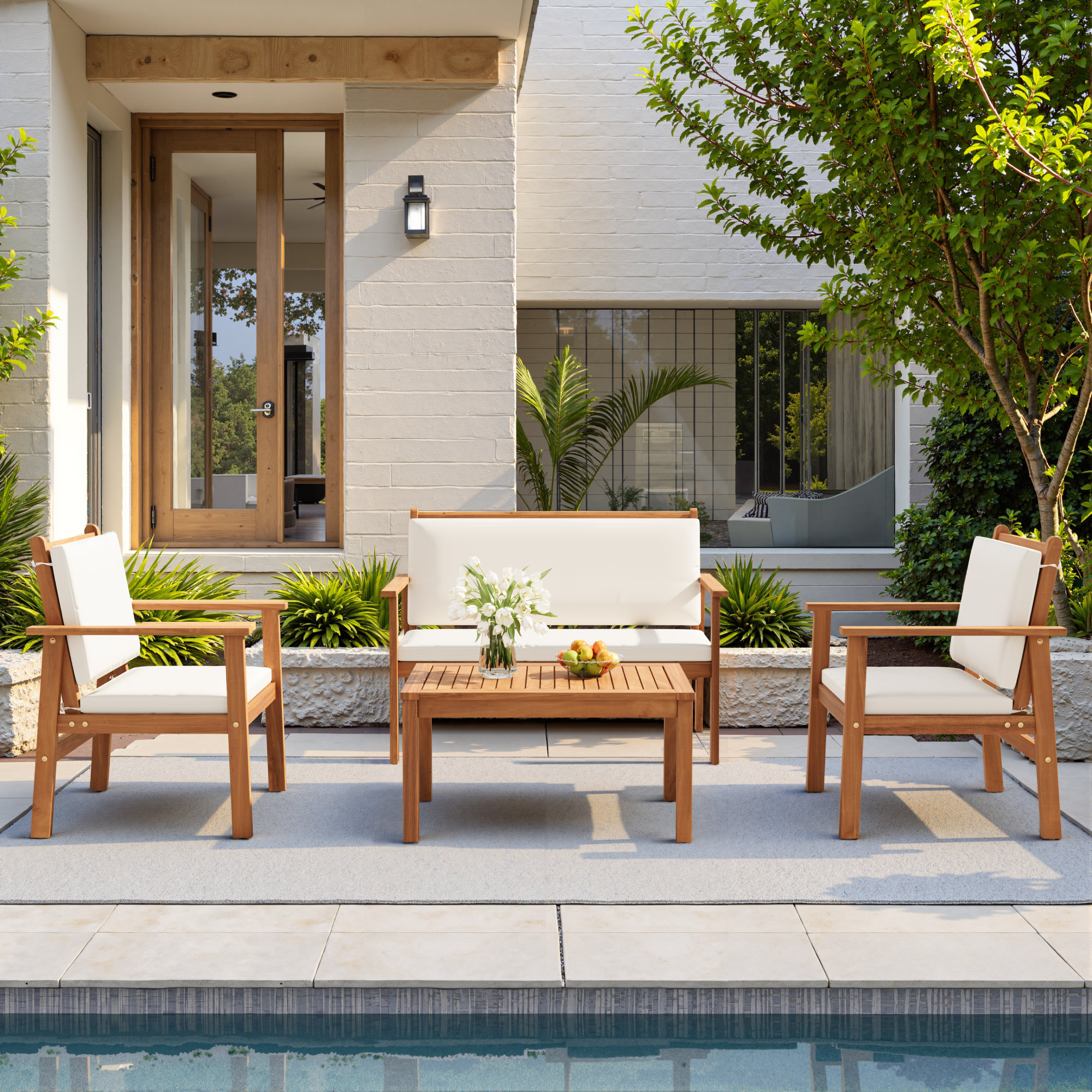 Beachcrest Home™ Kovach 4 Pieces Outdoor Acacia Wood Conversation